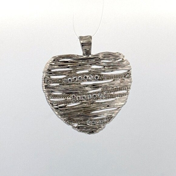 Estate Sterling Silver 925 Heart Pendant Textured Lines & CZ, 36.6mm, 6.7g - Picture 1 of 8